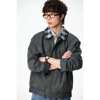 Men's Boxy Faux Leather Blouson with Checked Turn-Down Collar and Flap Pockets