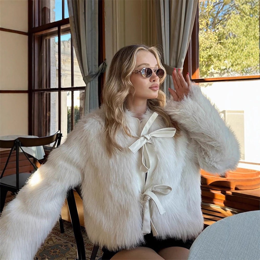 Women's Short Cut Faux Fur Coat with Decorative Ribbons and Boxy Silhouette EVA-US
