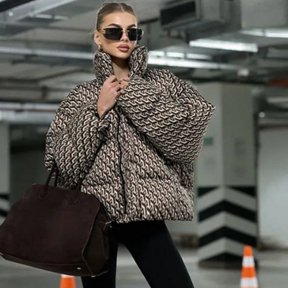 Women Short Quilted Oversized Quilted Jacket with High Shawl Collar EVA-US