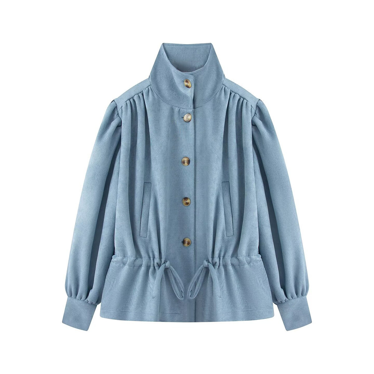 Women's Tailorable Short Jacket with Drawstring, Stand-up Collar, and Balloon Sleeves EVA-US