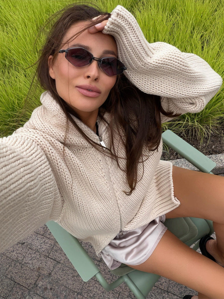 Women's chunky knit zip cardigan with high collar EVA-US