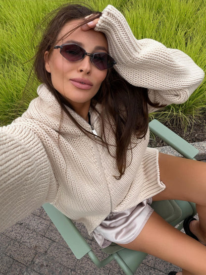 Women's chunky knit zip cardigan with high collar EVA-US