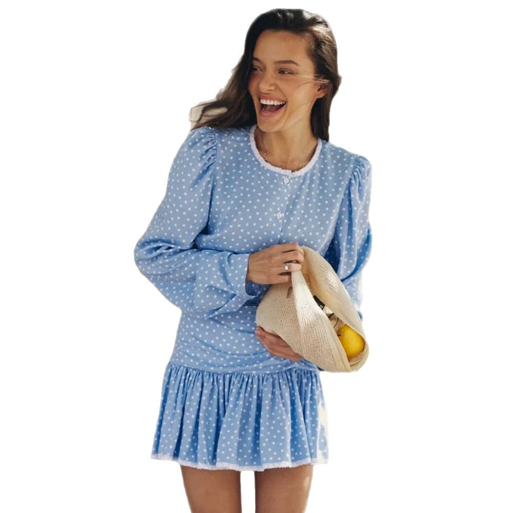 Women's Playful Polka Dot Two-Piece with Ruffled Mini Skirt and Puff Sleeves EVA-US