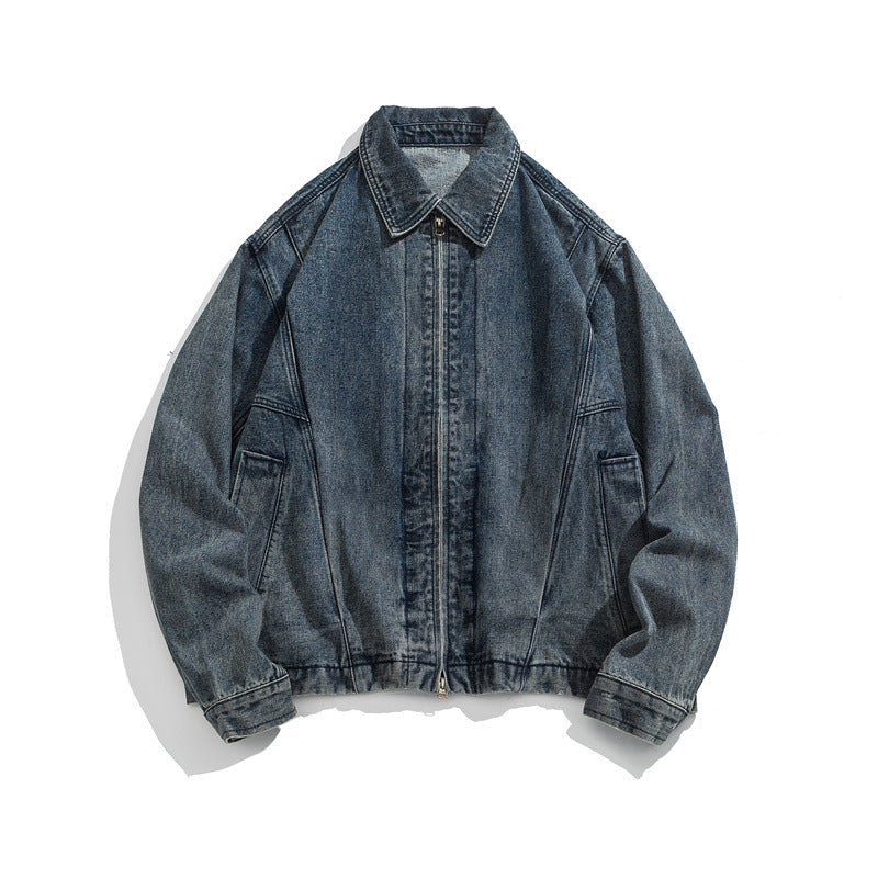 Unisex Short Cut Denim Worker Jacket with Continuous Zipper and Boxy Silhouette EVA-US