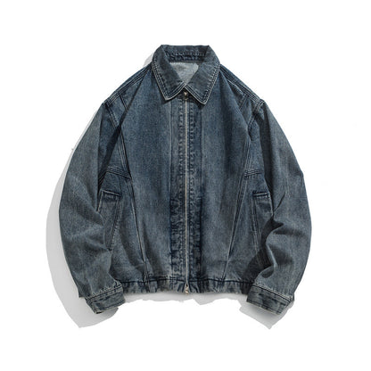Unisex Short Cut Denim Worker Jacket with Continuous Zipper and Boxy Silhouette EVA-US