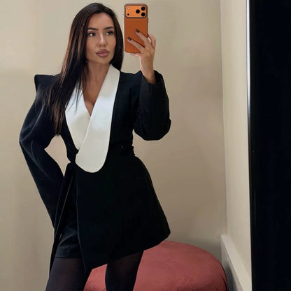 Women's Tailored Blazer Dress with Contrasting Shawl Collar and Structured Shoulders EVA-US