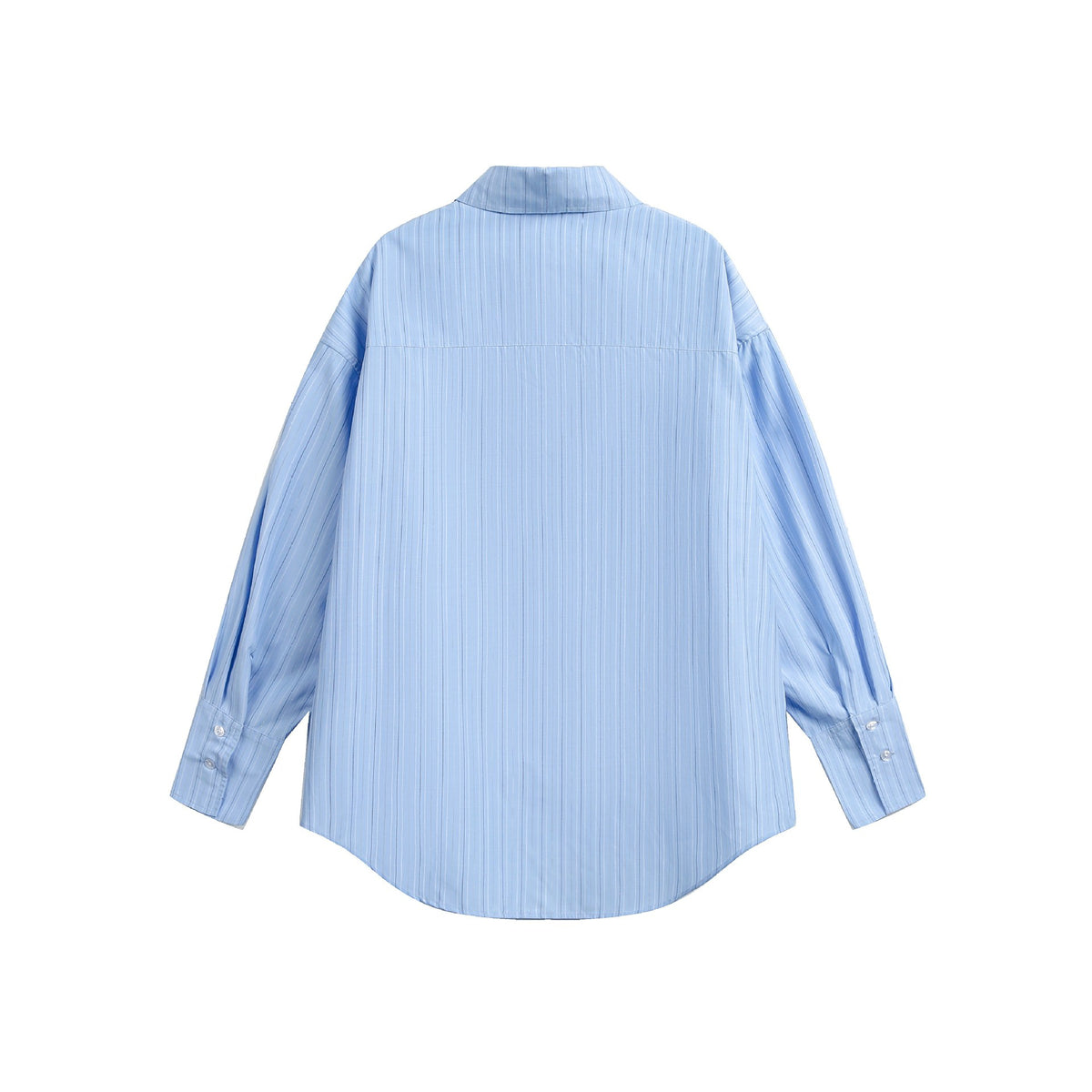 Women's oversized shirt blouse with fine pinstripe texture and rounded hem.