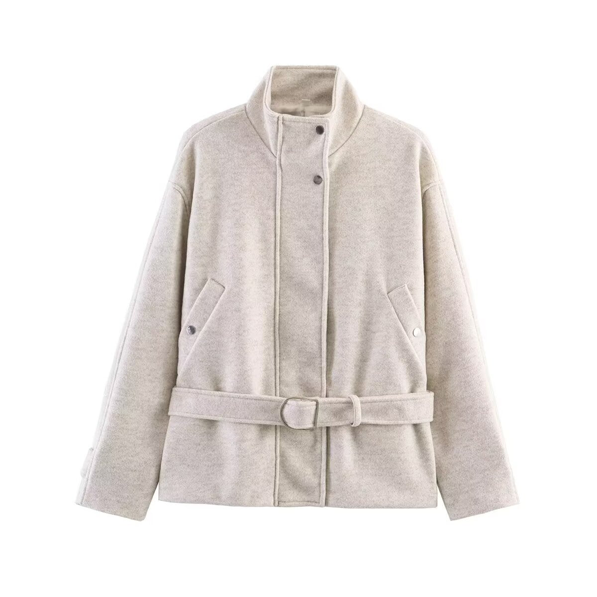 Women’s short jacket in a boxy cut made of wool blend with stand-up collar and waist belt EVA-US