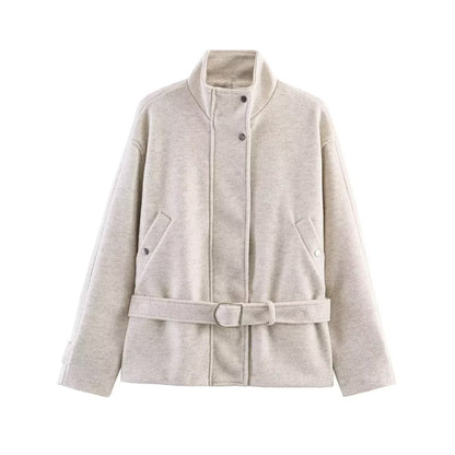 Women’s short jacket in a boxy cut made of wool blend with stand-up collar and waist belt EVA-US