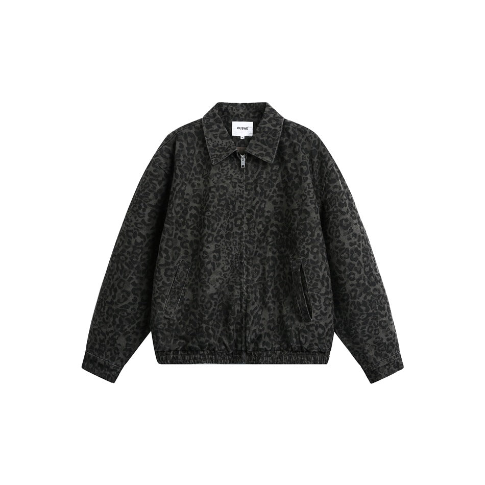 Unisex Lightly quilted Boxy jacket in denim look with tonal leopard print and elastic hem EVA-US