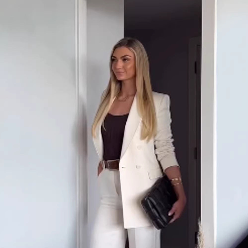 Women Fitted Double-Breasted Long Blazer with Light Shoulder Pads and Clean Lapels EVA-US