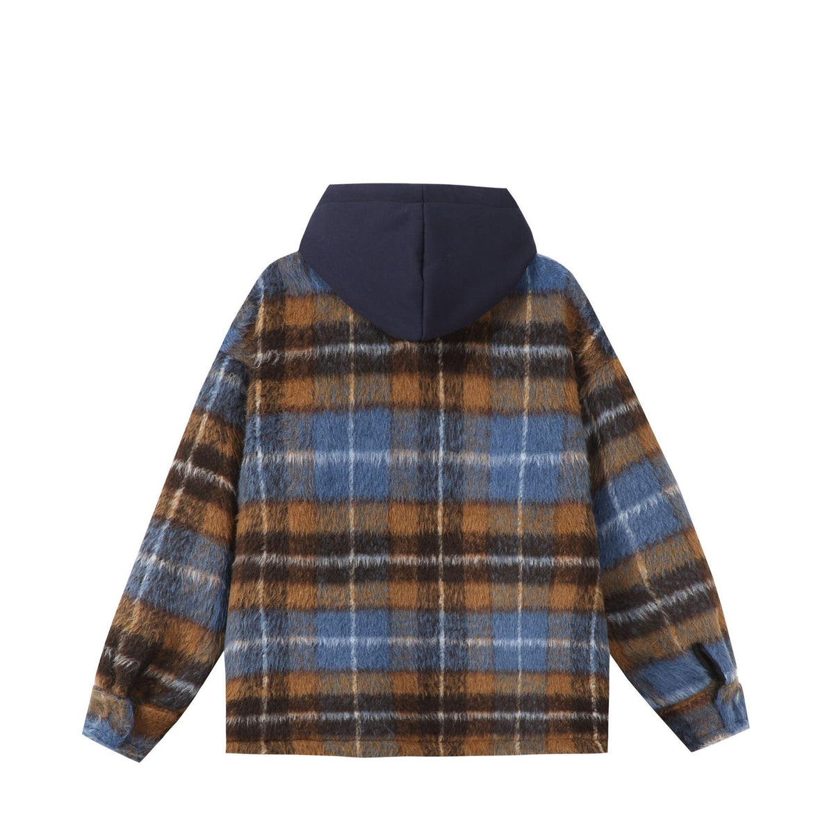 Unisex short cut plaid faux fur jacket with hood and zipper EVA-US