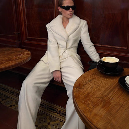 Women's Tailored Blazer with Faux Fur Shawl Collar & Wide Pleated Trousers EVA-US