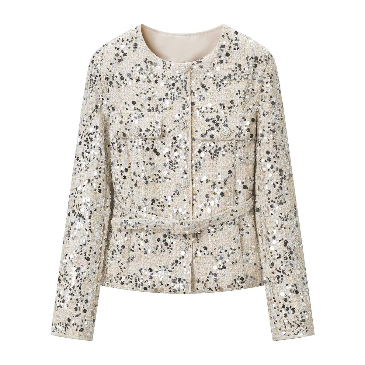 Women's short jacket made of bouclé with sequin trim, decorative pearl buttons, and a belted waist EVA-US