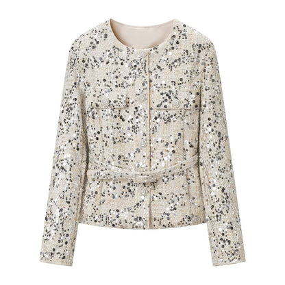 Women's short jacket made of bouclé with sequin trim, decorative pearl buttons, and a belted waist EVA-US