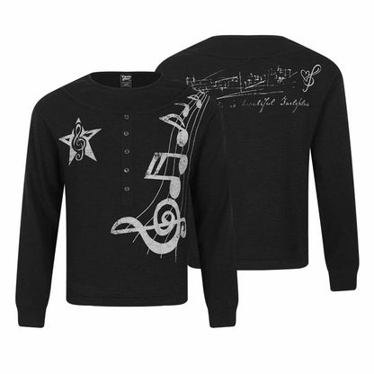 Women's long-sleeve shirt in Henley style with musical print and round neckline EVA-US