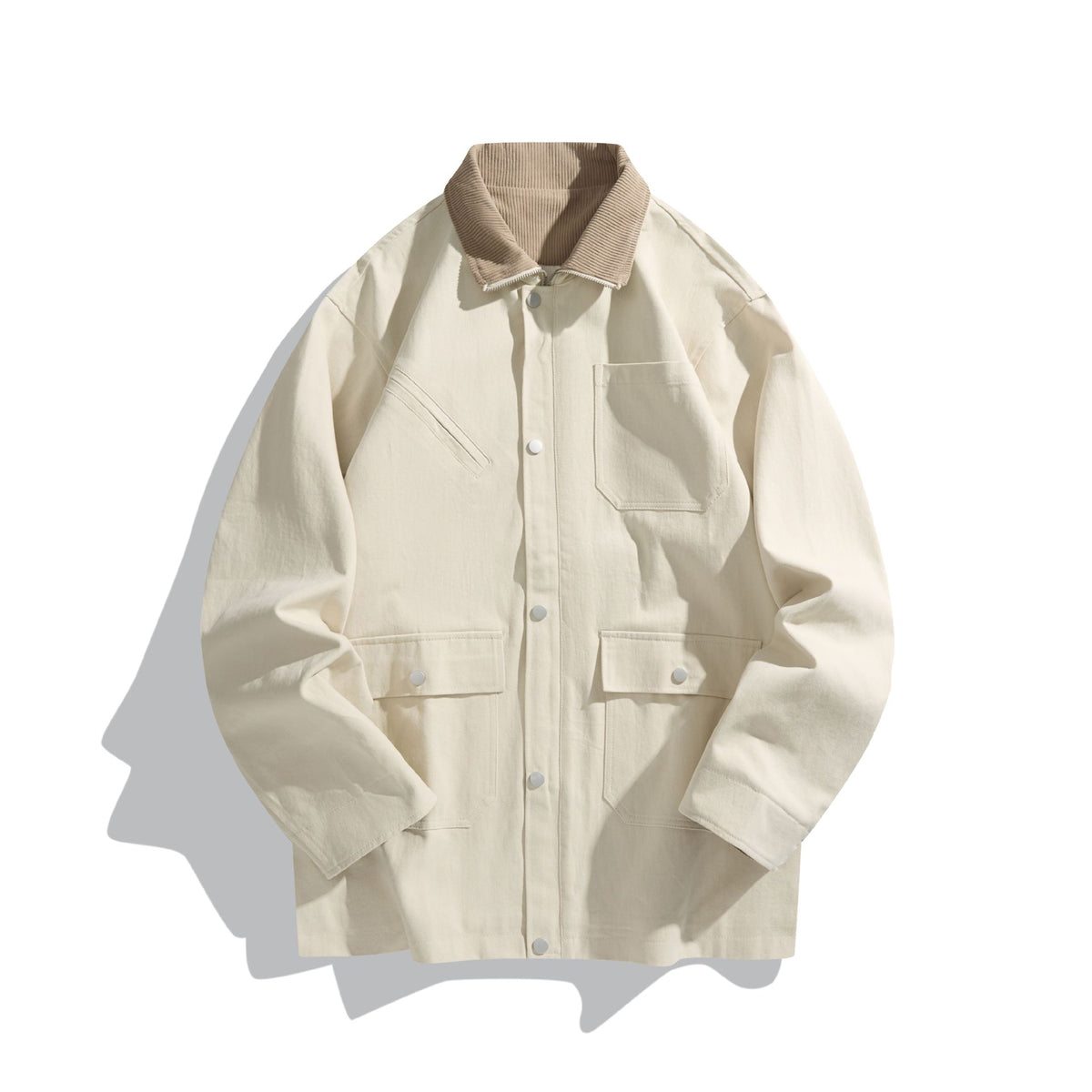 Unisex Short-Cut Boxy Canvas Jacket with Cord Collar, Snap Button Front and Utility Patch Pockets EVA-US