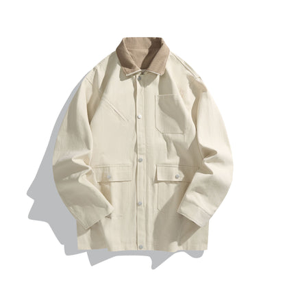 Unisex Short-Cut Boxy Canvas Jacket with Cord Collar, Snap Button Front and Utility Patch Pockets EVA-US
