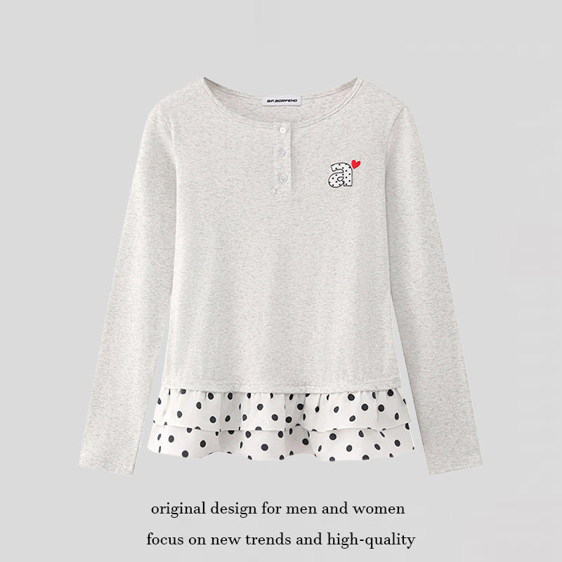 Women's Long Sleeve Henley Layering Top with Ruffle Underlay and Heart Patch EVA-US