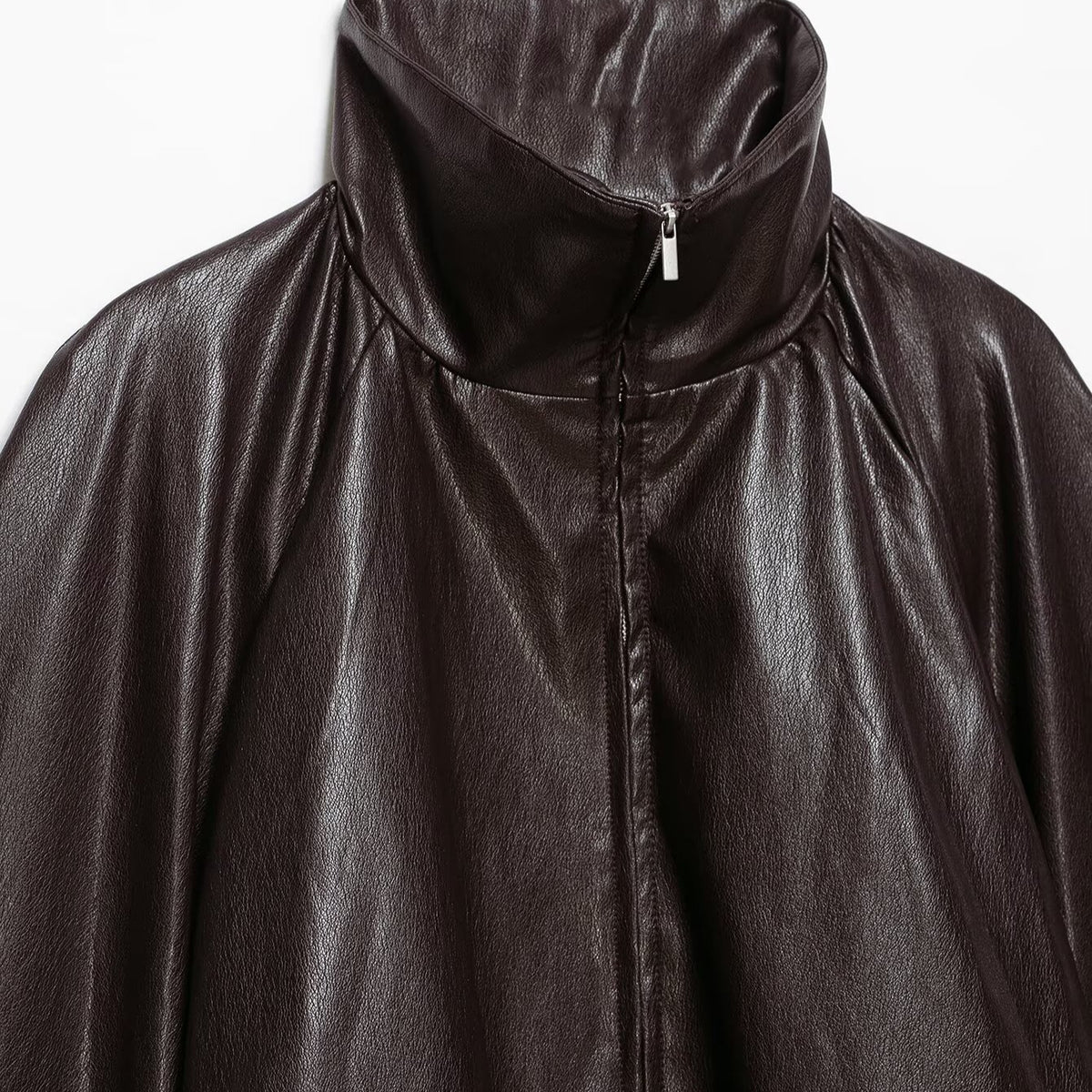 Women's Oversize Jacket in Leather Look with High Funnel Collar, Raglan Sleeves and Drawstring Hem EVA-US