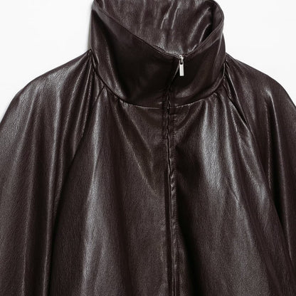 Women's Oversize Jacket in Leather Look with High Funnel Collar, Raglan Sleeves and Drawstring Hem EVA-US