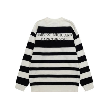 Women Striped Oversized Knit Sweater with Round Neck and Music Graphic EVA-US
