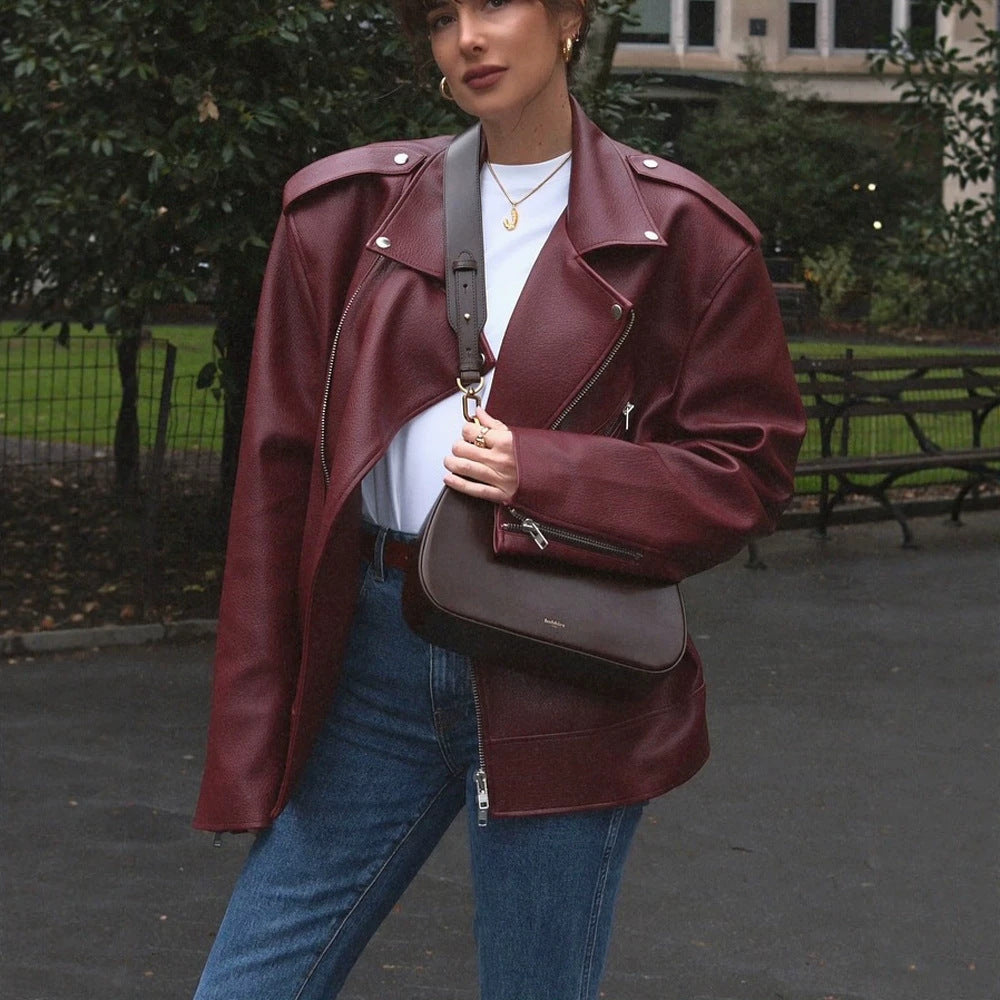 Women's Oversize Biker Jacket made of textured faux leather with asymmetrical zipper EVA-US