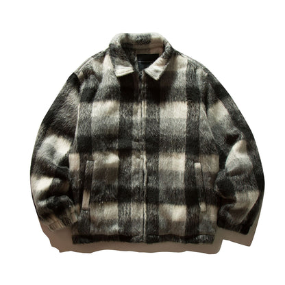 Unisex Short-cut checkered faux fur bomber jacket with stand-up collar and concealed zipper EVA-US