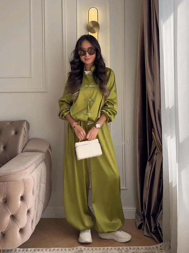 Women Satin Two-Piece with traditional toggle closures and wide pant skirt EVA-US