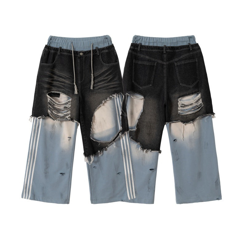 Unisex Patchwork Jeans Hybrid Pants in Oversized Cut with elastic waistband, destroy effects, and wide leg EVA-US