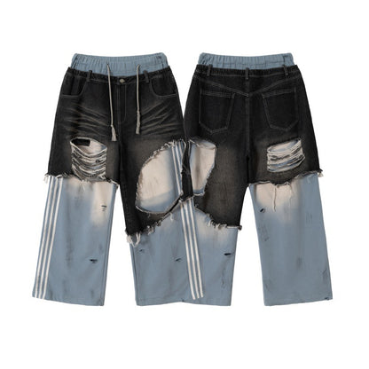 Unisex Patchwork Jeans Hybrid Pants in Oversized Cut with elastic waistband, destroy effects, and wide leg EVA-US