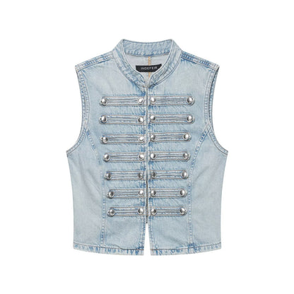 Women's jeans vest in military look with stand-up collar and decorative press stud placket EVA-US