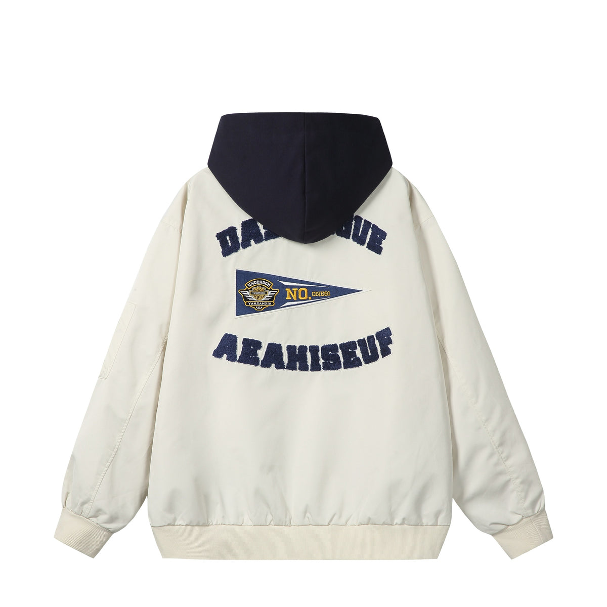 Unisex Boxy-Multi-layer Bomber Jacket with Integrated Hood and Collegiate Patch EVA-US