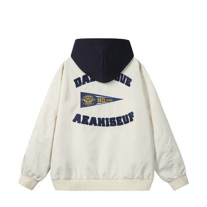 Unisex Boxy-Multi-layer Bomber Jacket with Integrated Hood and Collegiate Patch EVA-US