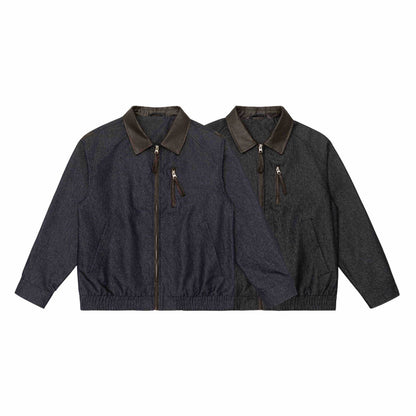 Men's short jacket in boxy cut made of wool-denim mix with leather-trimmed collar and vertical zippered chest pocket EVA-US