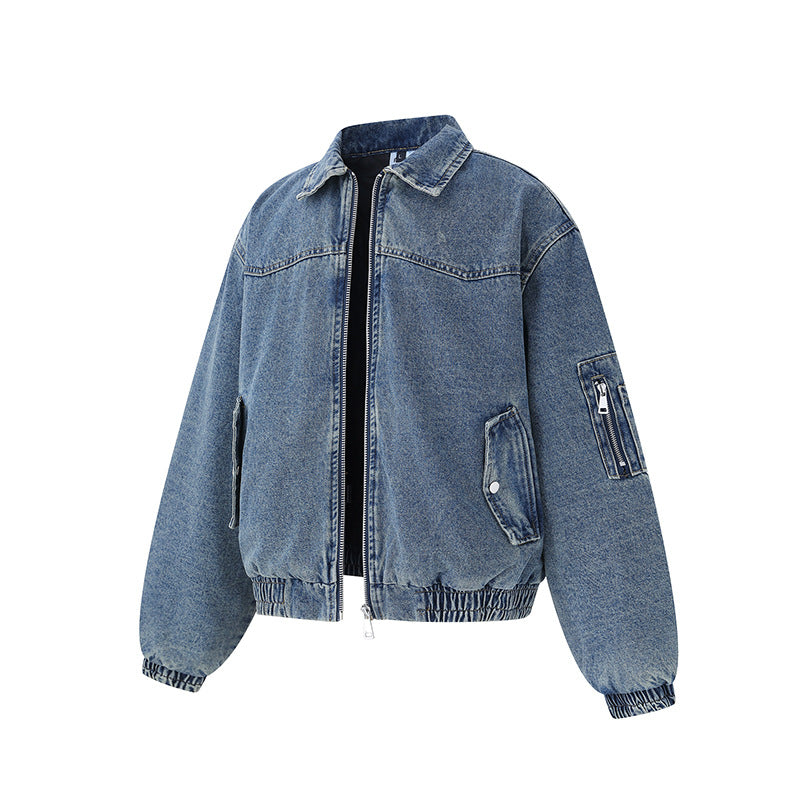 Unisex Boxy Denim Jacket with Full Zip, Elastic Hem and Sleeve Utility Pocket EVA-US