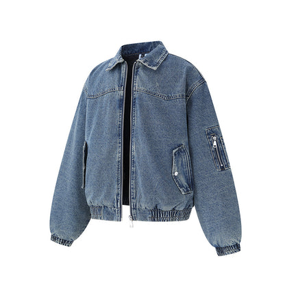Unisex Boxy Denim Jacket with Full Zip, Elastic Hem and Sleeve Utility Pocket EVA-US