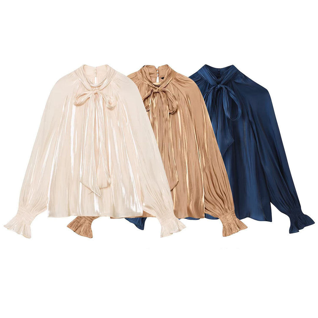 Women silk-like slip blouse with bow collar, pleated effect and ruched balloon sleeves EVA-US