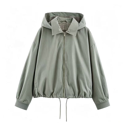 Women's Lightweight Hoodie Jacket in Cropped Oversize Fit with Drawstring Hem and Concealed Zipper EVA-US