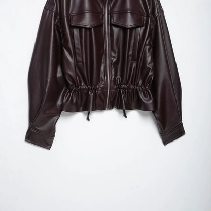 Women's Oversized Faux Leather Bomber Jacket with Funnel Neck, Drawstring Waist, and Flap Pockets EVA-US