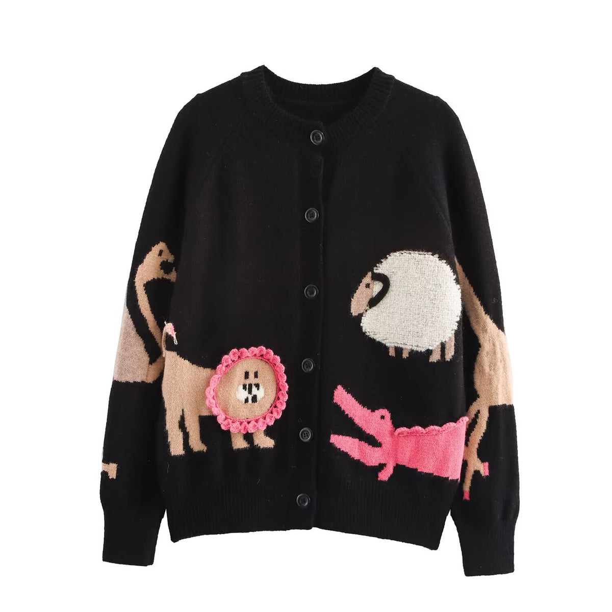 Ladies knit cardigan with playful animal intarsias and 3D applications EVA-US