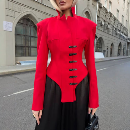 Women Tailored Stand Collar Blazer with Corset Tailoring EVA-US
