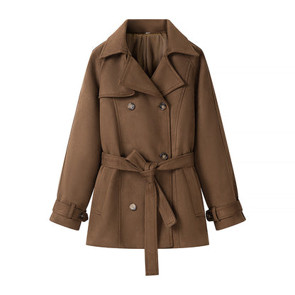 Women's short trench-style coat with double-breasted button placket, tie belt, and wide lapels EVA-US