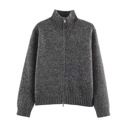 Women's Chunky Knit Zip Sweater with Stand-Up Collar and Ribbed Hem EVA-US