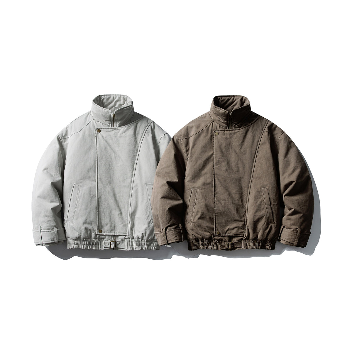 Men's Volume Stand Collar Bomber with Asymmetric Front Flap and Waist Buckle EVA-US
