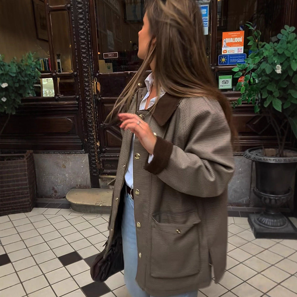 Women Oversized Field Jacket with Velvet Collar and Large Flap Pockets EVA-US
