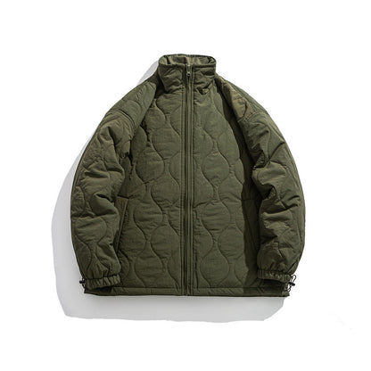 Unisex Boxy quilted jacket in military liner style with high stand-up collar and adjustable hem EVA-US