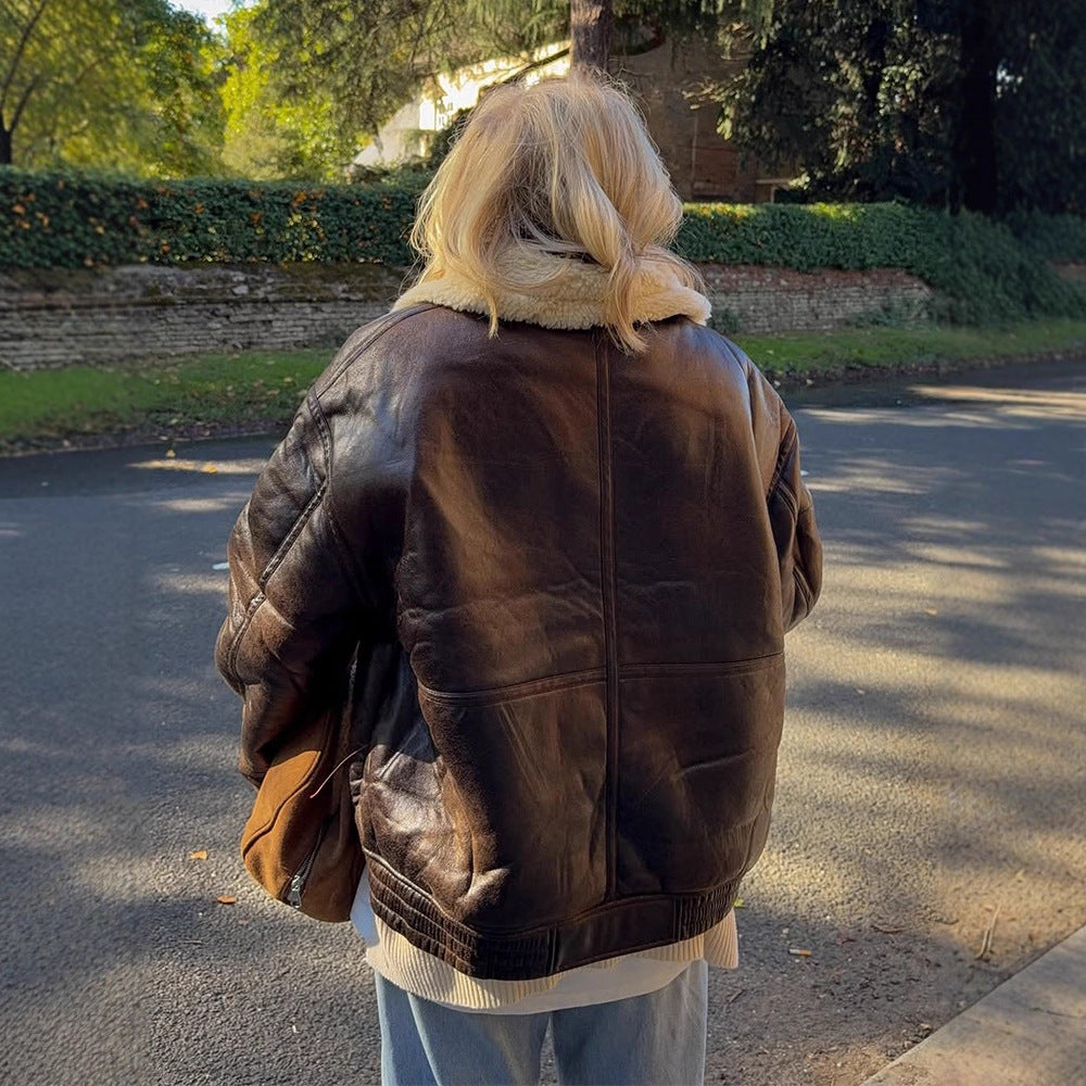 Women's Oversized Flight Jacket made of Faux Leather with Teddy Lining and Wide Cut EVA-US