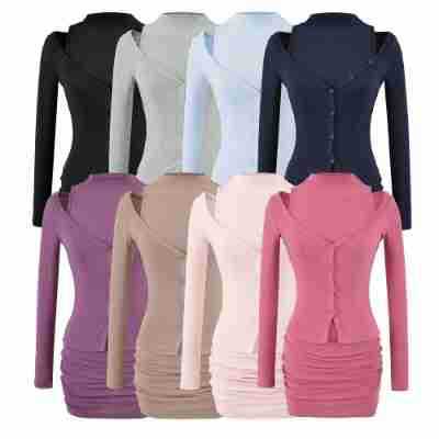 Ladies two-piece knit set with integrated high neck vest and asymmetric button cardigan EVA-US