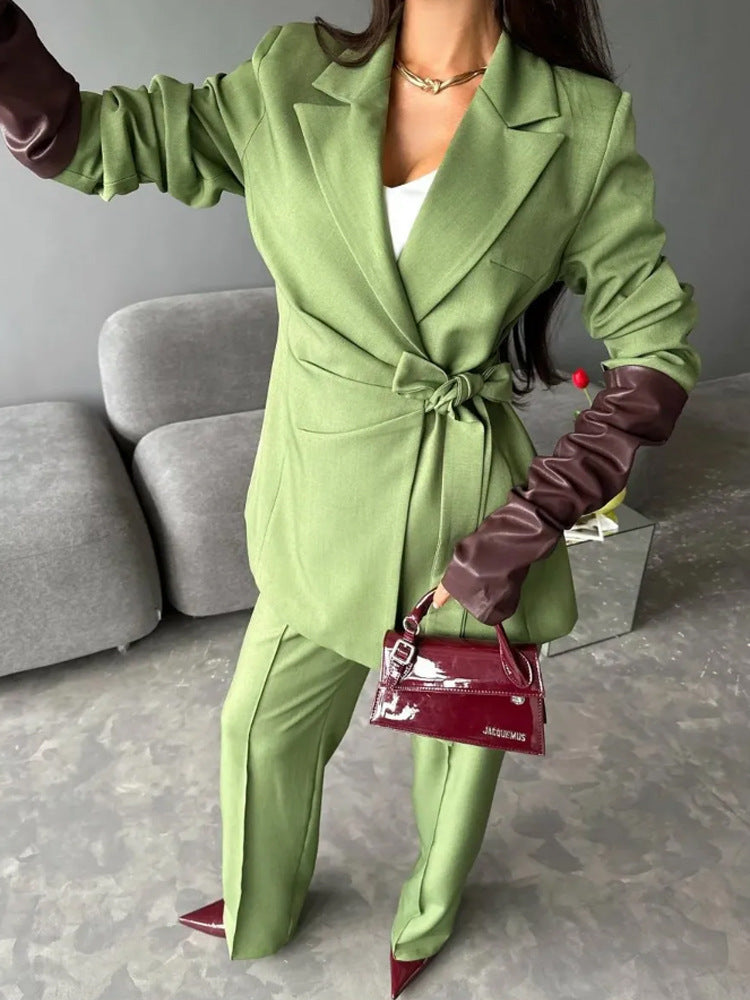 Women's Tailored Blazer Coat with Tie Belt and Wide Trousers EVA-US